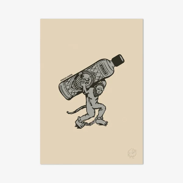 Ilustración del Mono Darwin cargando la botella del Anis del Mono de Badalona